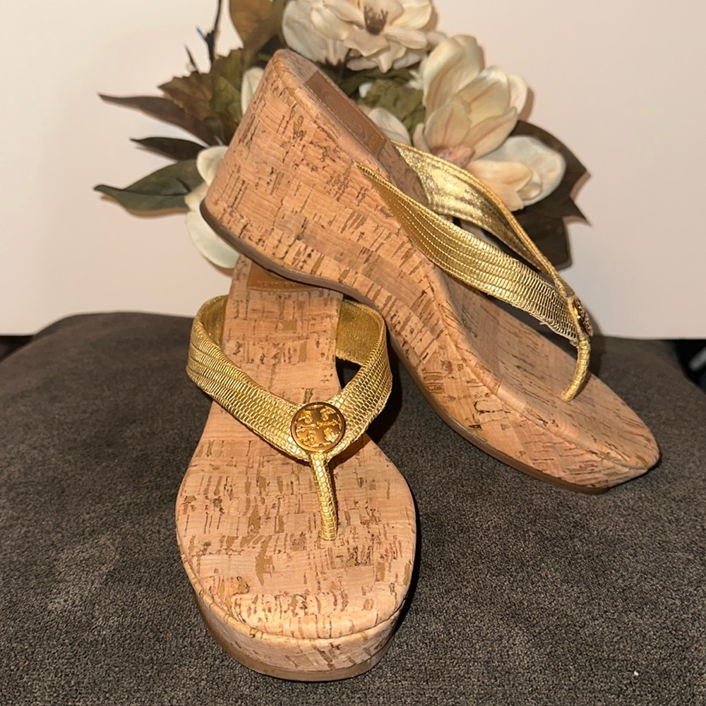 Tory Burch Gold Cork Wedge Sandals size 6.5 in very good condition